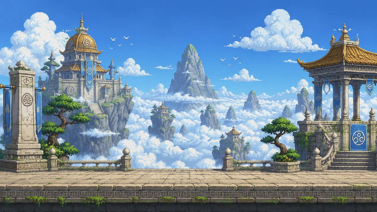 The Air Temple floating among clouds and blue sky