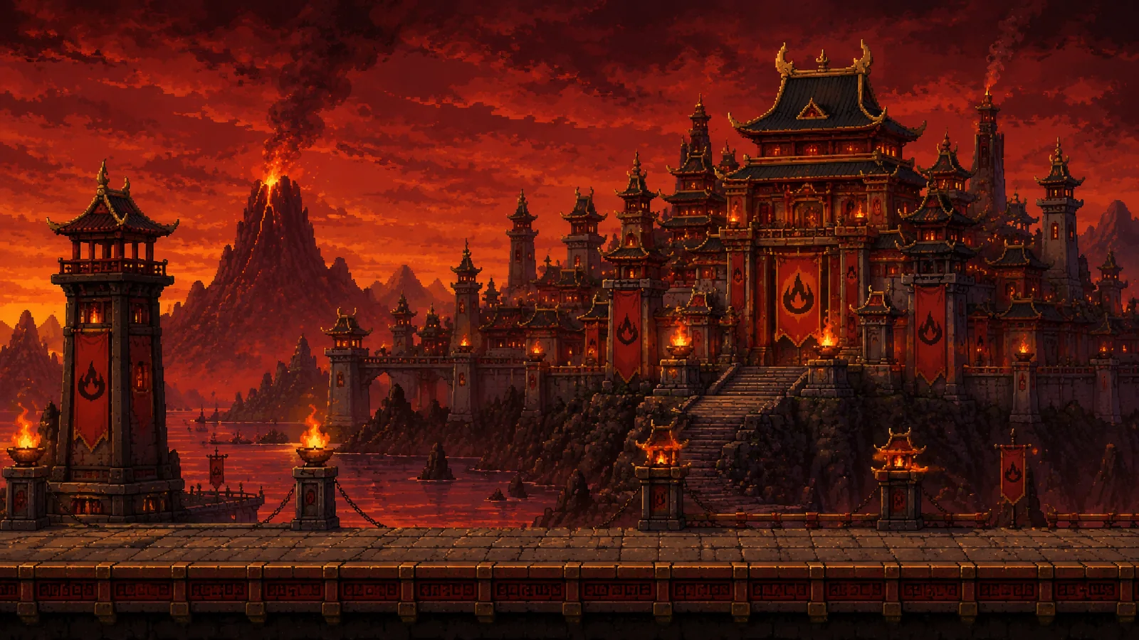 The Fire Nation palace glowing red beneath a volcano