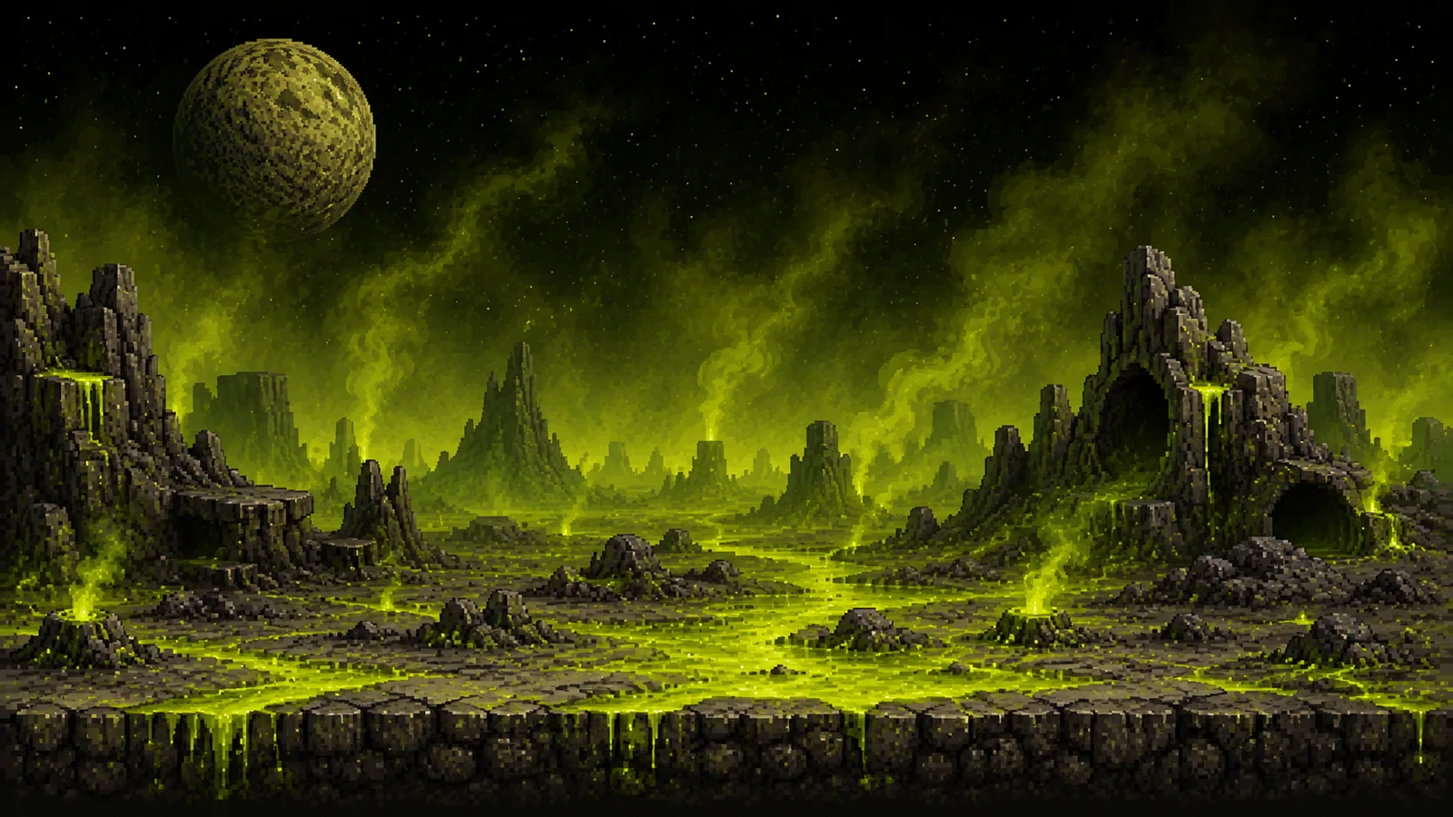 An airless world with a sickly green atmosphere and craggy rocks