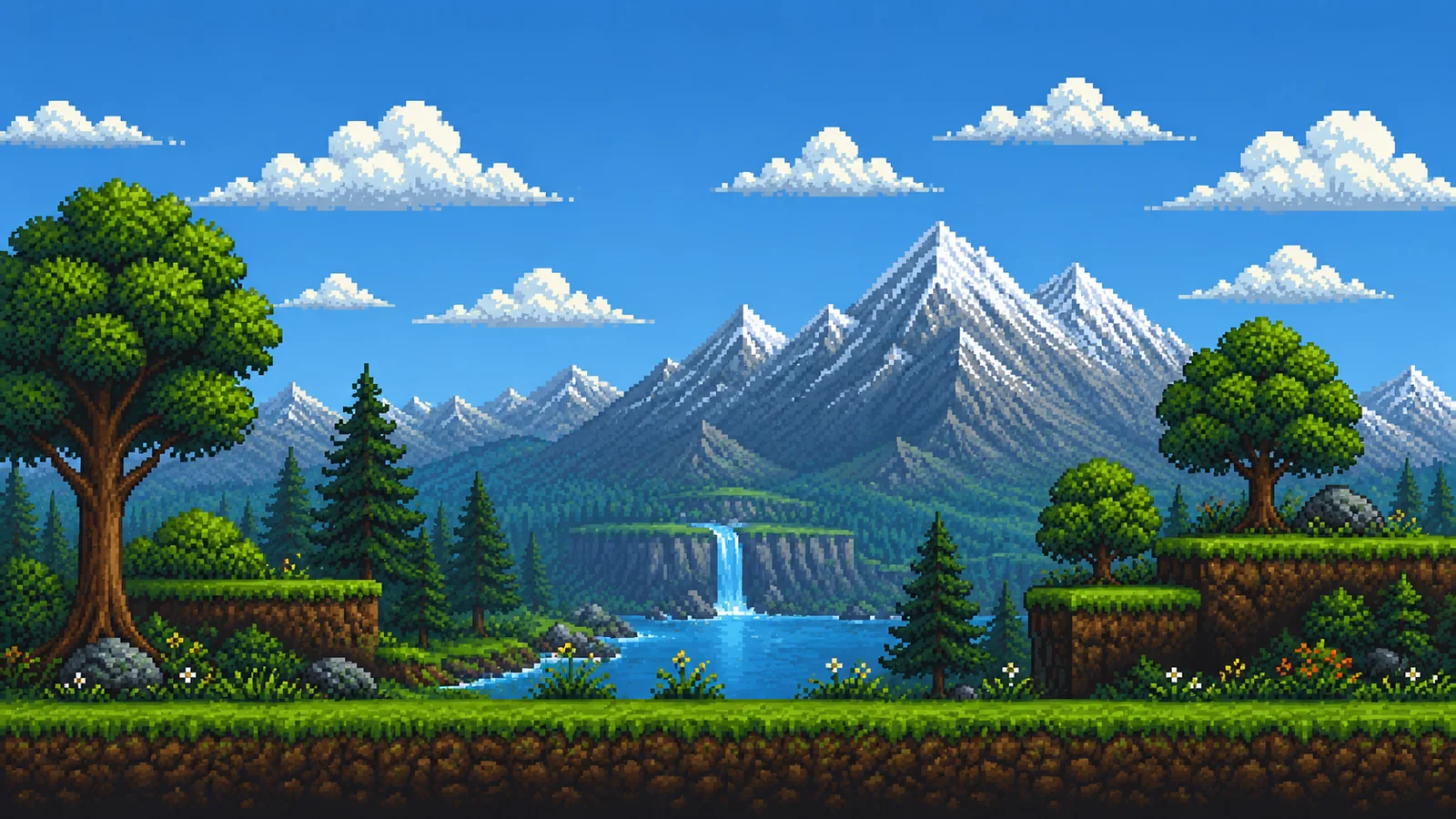 A lush green Earth-like world with mountains and a waterfall