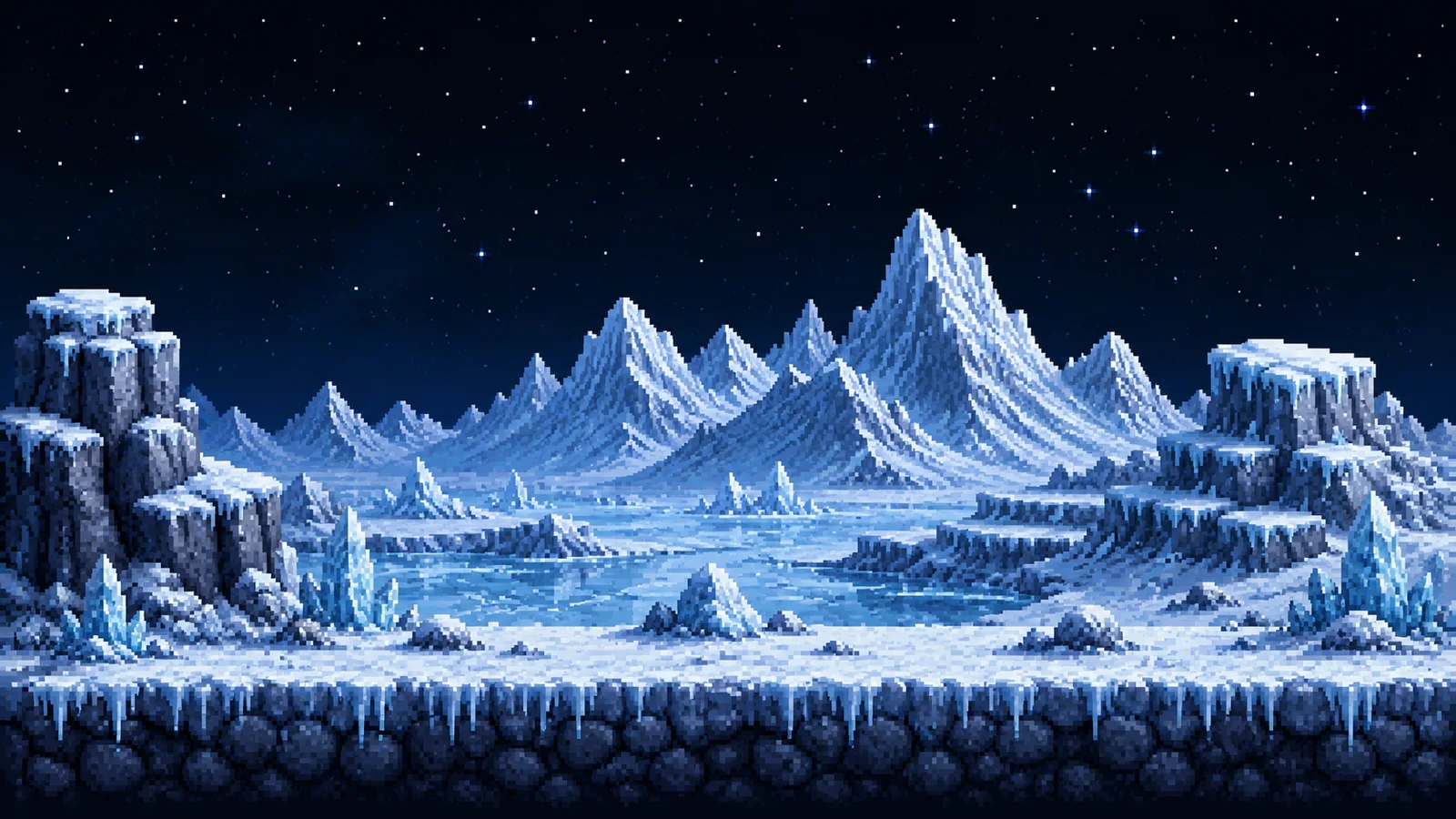 A frozen planet of ice and snow under a starry sky