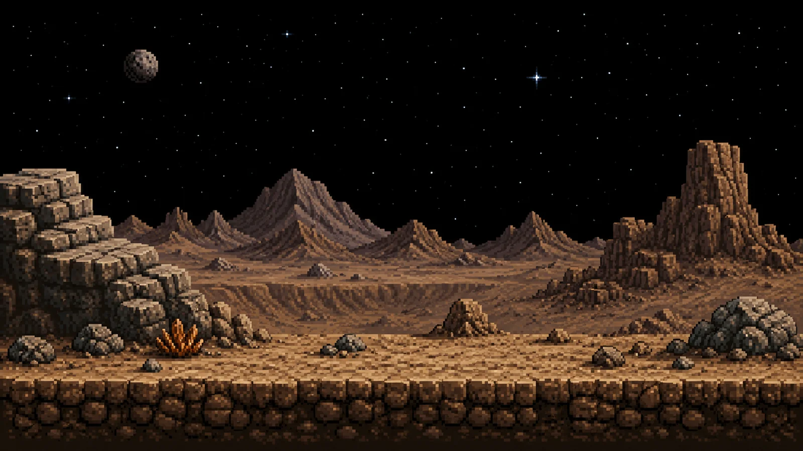 A barren rocky moon under a black starfield