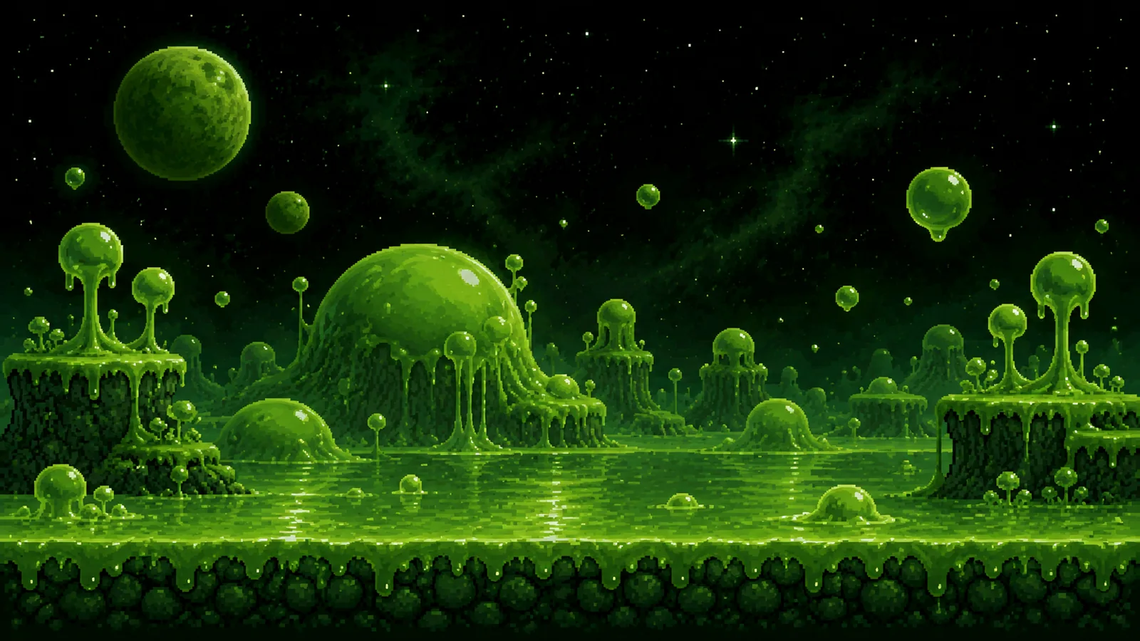 A toxic planet of glowing green slime
