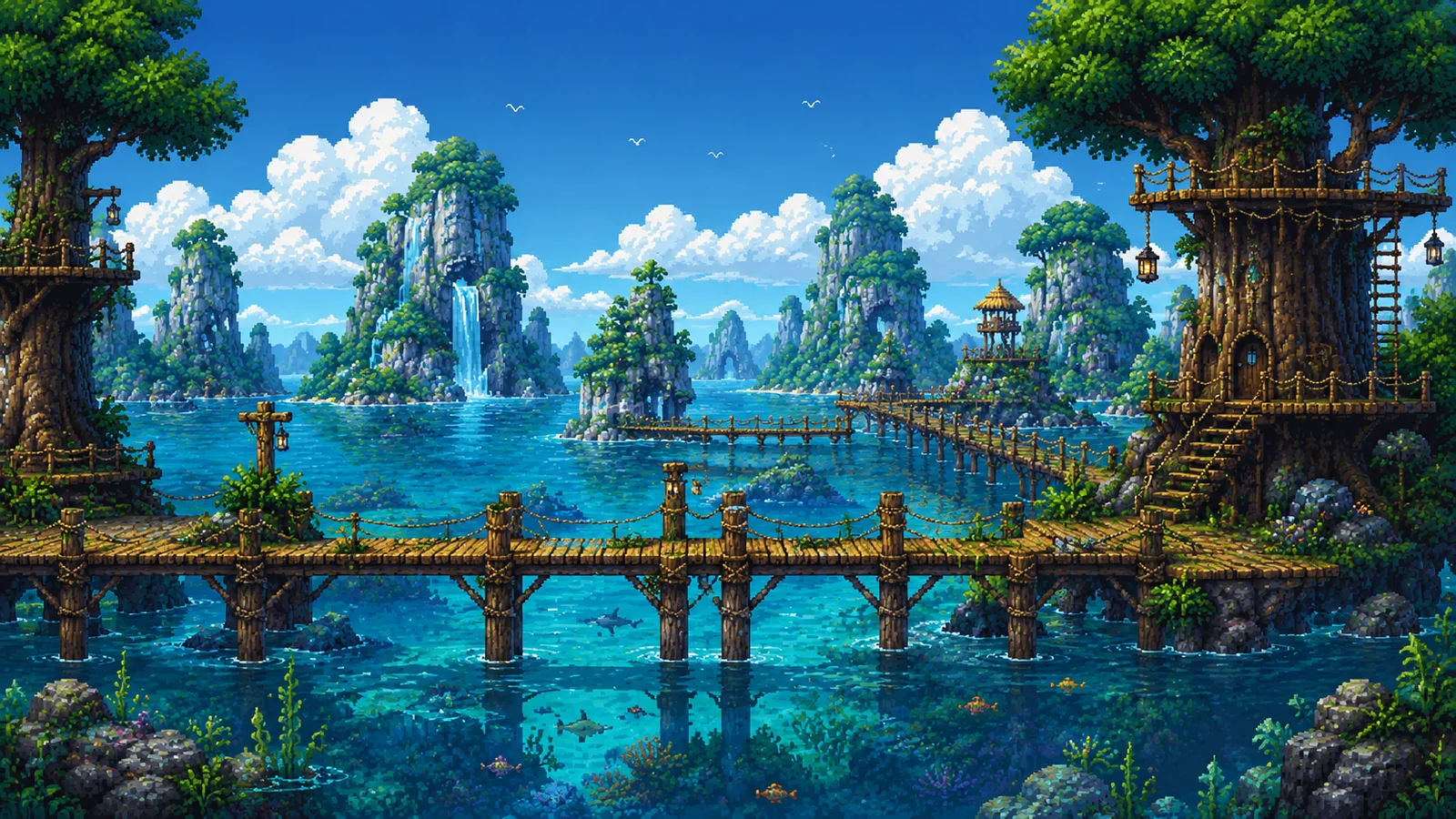 A tropical water world of islands and wooden bridges