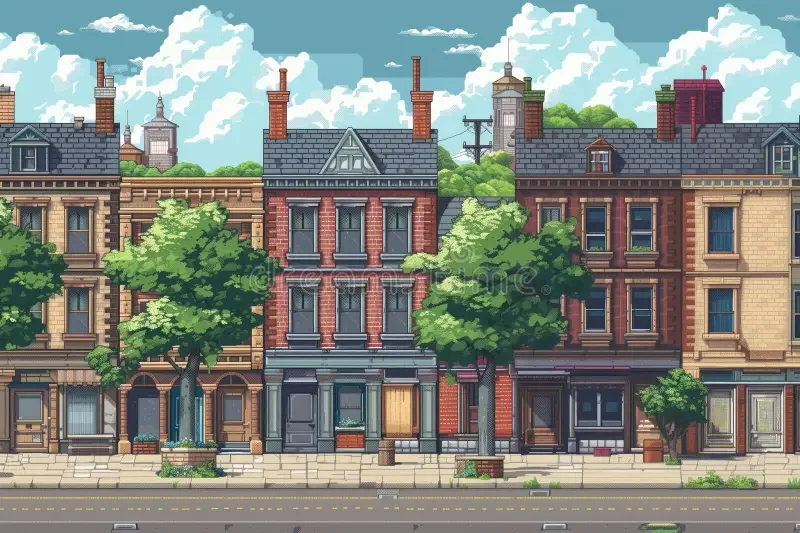A pixel-art city street level