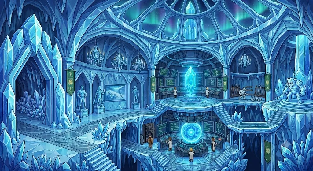 The icy crystal hall of the Fortress of Solitude